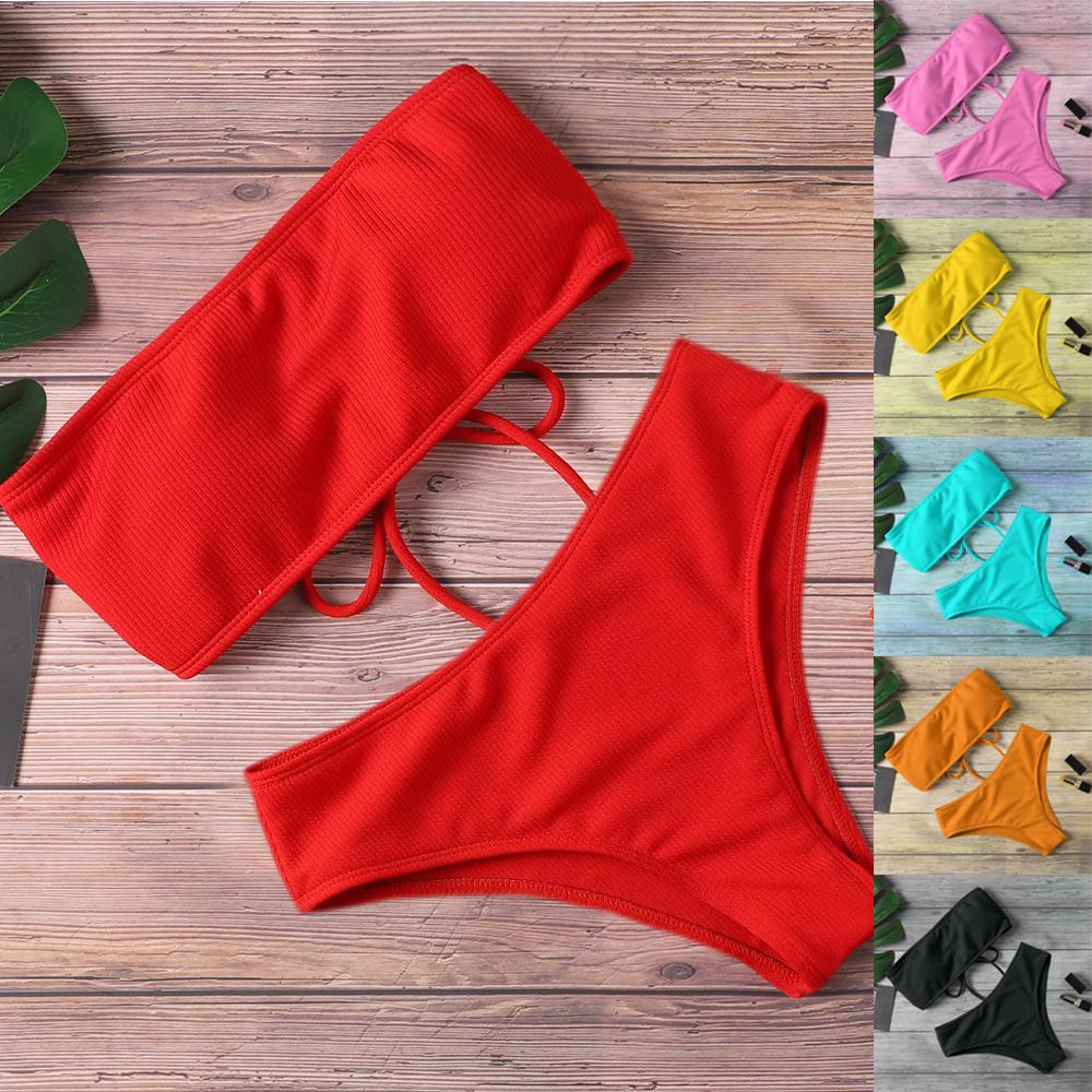 Faylisvow Women's Sexy Off Shoulder Bikini Spaghetti Strap Two Pieces Swimsuit Solid Color Swimwear Summer Beach Bathing Suit