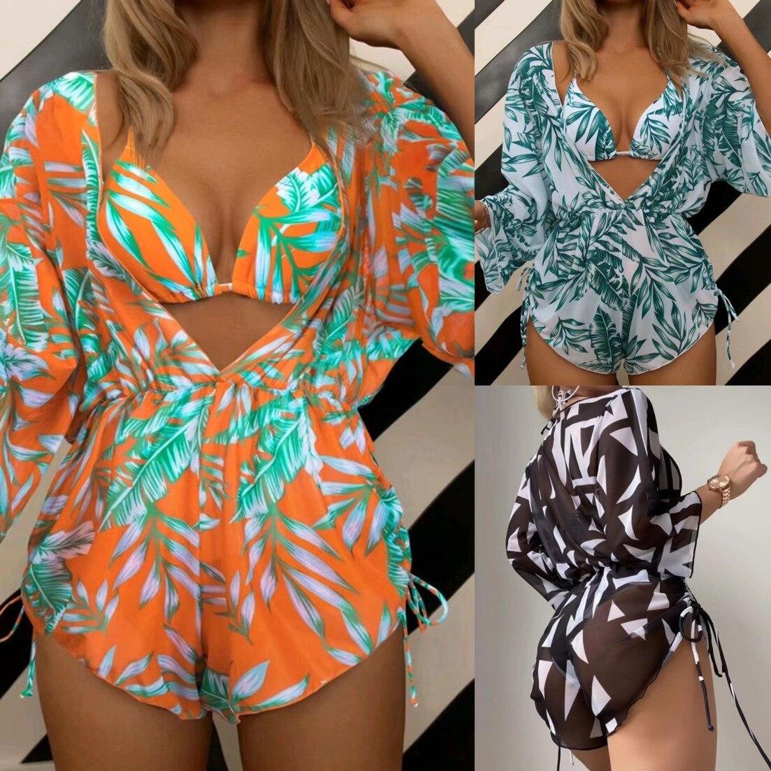 FAFAD Women's Swimwear in a 3-Piece Leaf Plant Print Triangle Halter Neck Bikini Set with Cover Up Drawstring Side Overalls Jumpsuit