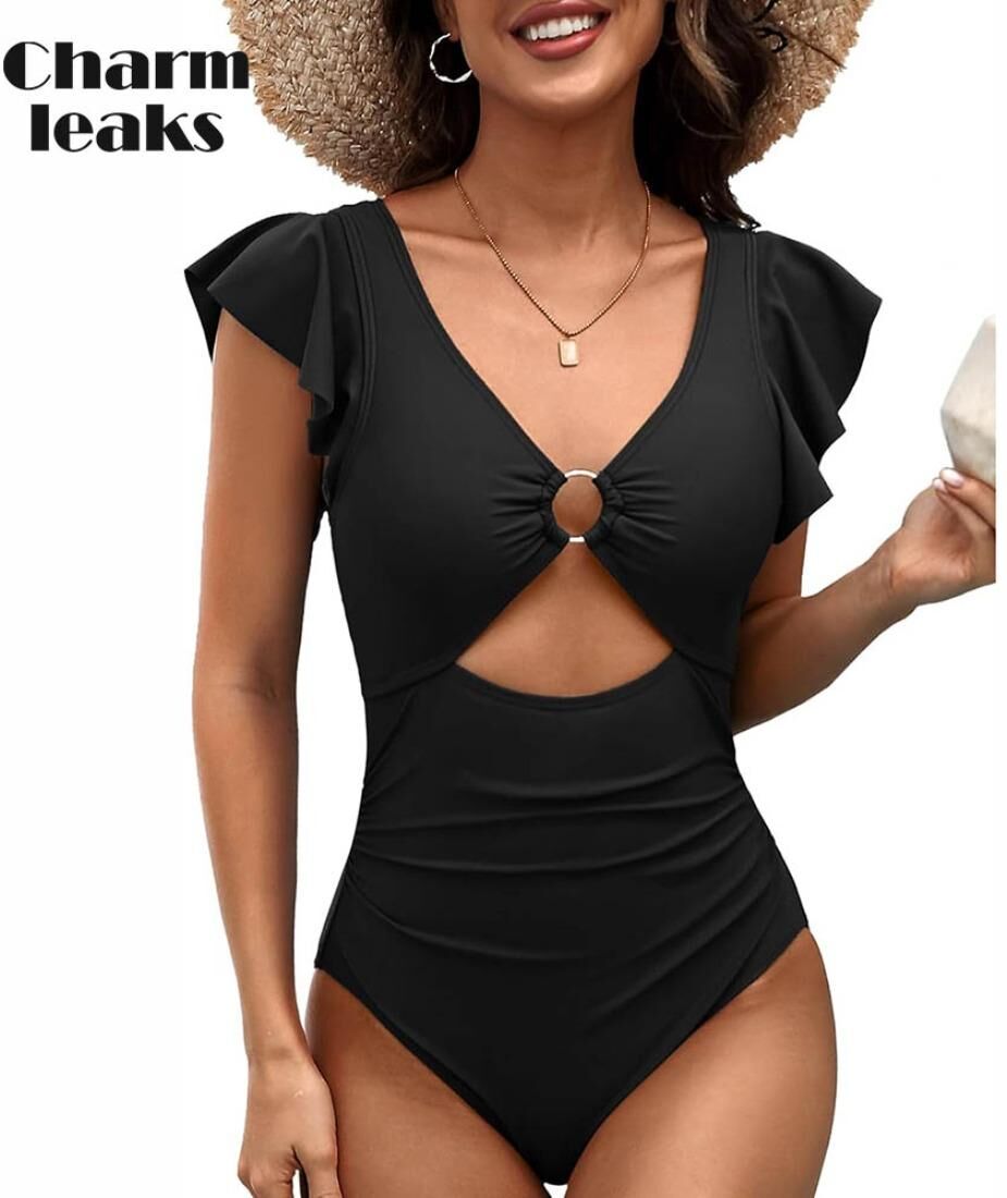 Charmleaks Ruffle One Piece Swimsuit Women O-Ring Cutout Bathing Suit Sexy Monokini Swimwear S-XL