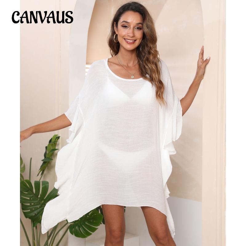 CANVAUS Women's Dress Plus Size Ruffle Solid Color Simple Loose Beach Bikini Cover-Up Swimwear Cover-Ups