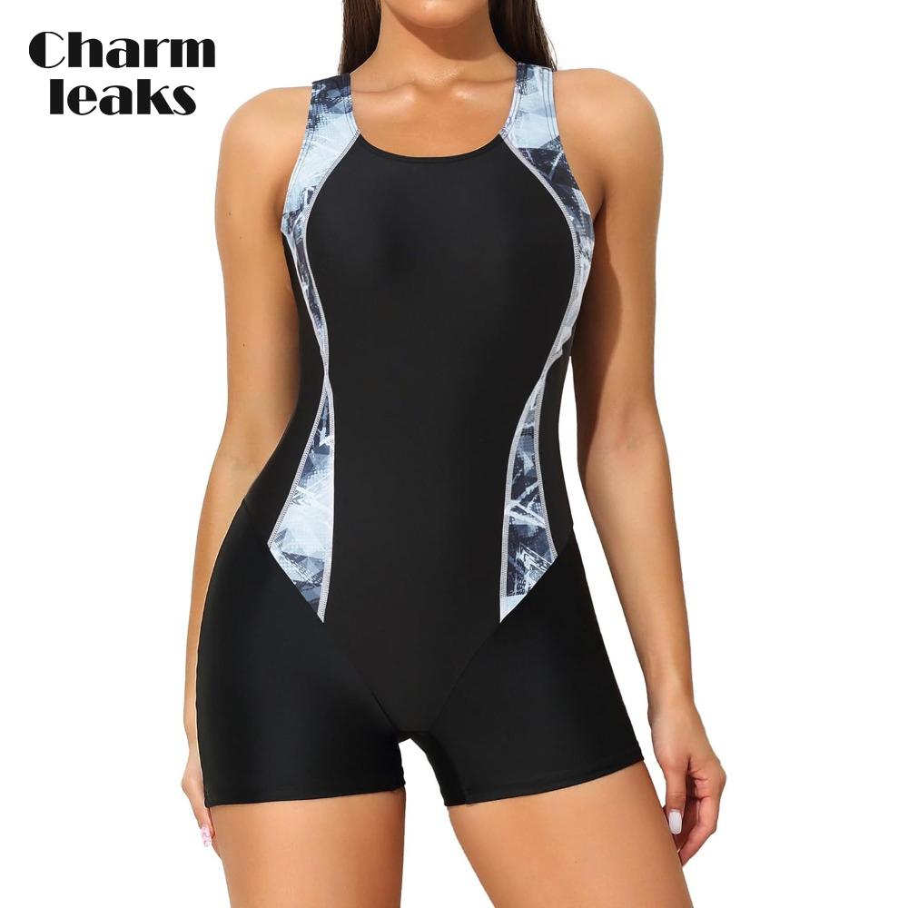 Charmleaks Women's Flat Foot One-piece Sports Swimsuit Printed Swimwear