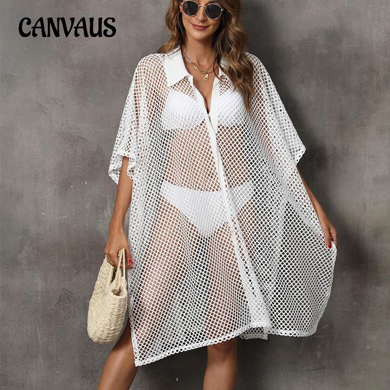 CANVAUS Women's Coverup Plus Size Beachwear Vacation Mesh Patchwork Shirt Swimwear Cover-Ups Irregular Dress Loose Coverups