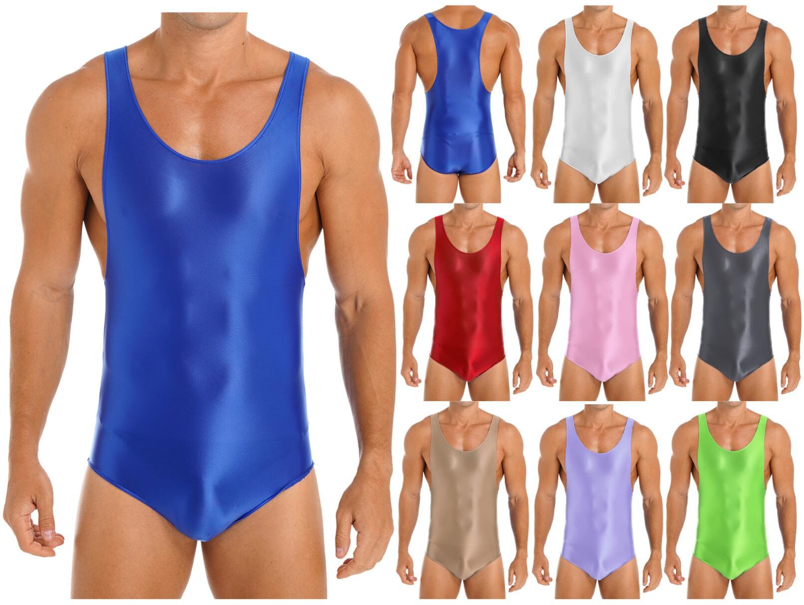 HULIJA Mens Glossy Stretchy Bodysuit Sleeveless Skinny Jumpsuit Wrestling Singlet Leotard Swimwear Sportwear