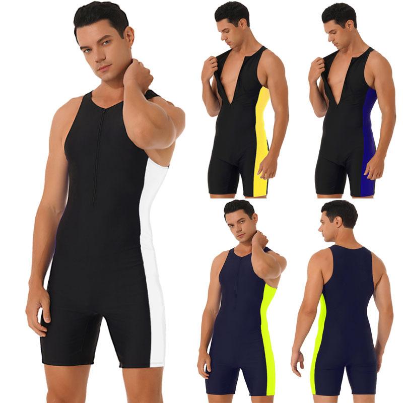 Fldy Men One-piece Swimwear Sleeveless Front Zipper Shorts Bodysuit Wetsuit for Beach Pool Swimming Bathing