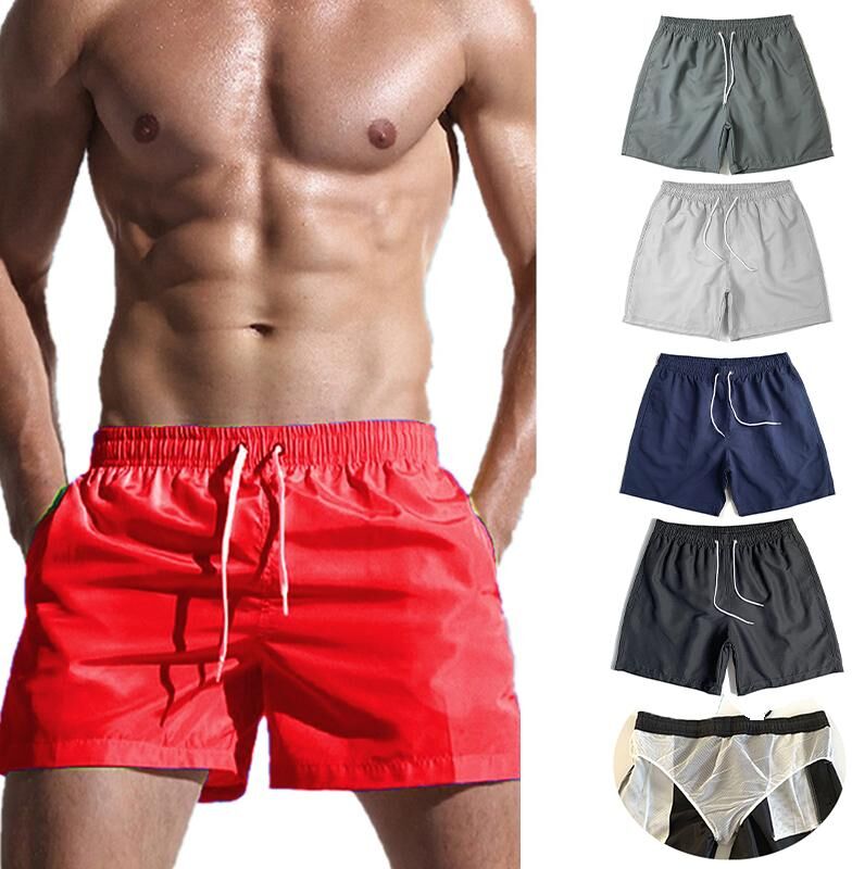 e2Fashionee Men Beach Elastic Waist Swimming Shorts Quick Dry Swimwear Drawstring Solid Color Running Surfing