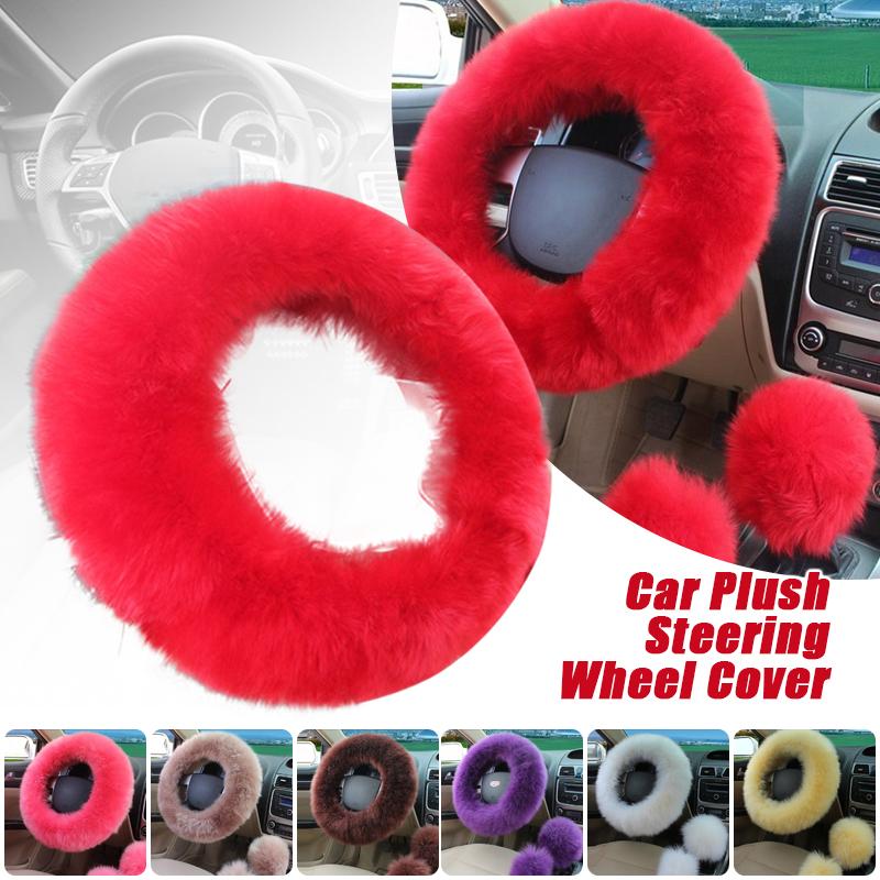 91460000MAC06GLD55 38cm Red Pure Wool Steering Wheel Cover Real Sheepskin Auto Plush Warm Fluffy Fuzzy Car Accessories Women Girl Auto