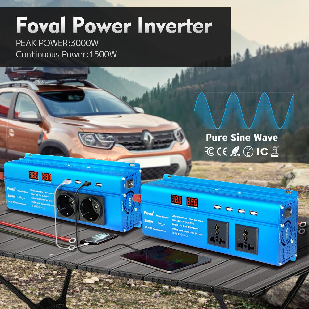 Foval Pure Sine wave Inverter DC 12V to AC 220V 1500W Continuous/3000W Peak Dual LCD Display EU/Universal Socket Supply 220V Camping Power Inverter