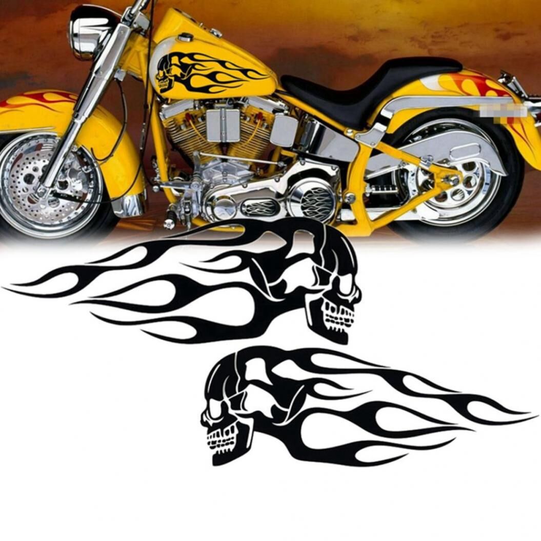 Car Stickers 2Pcs Universal Motorcycle Motorbike Gas Tank Skull Flame Decals Sticker Decor