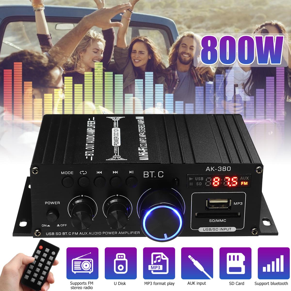 Cars&Motors 2 Channel 800W bluetooth Audio HiFi Power Amplifier Support FM Radio AUX Input USB/SD Play for Home Car Karaoke