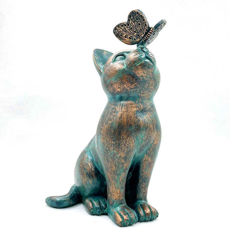 ManHouse Garden Decor Craft Garden Outdoor Cat Figurine Resin Ornament Sculpture Cat Play Butterfly Statue