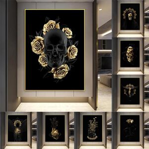 DIMENGQI Death Rose Canvas Painting Flower And Skull Gothic Art Poster Black Gold Wall Art Picture For Living Room Home Decoration Prints