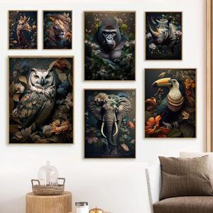 91440605MAC0Q4DQ7J Vintage Animals In Jungle Flowers Canvas Painting Poster Print Peacock Toucan Parrot Elephant Monkey Wall Art Room Home Decor