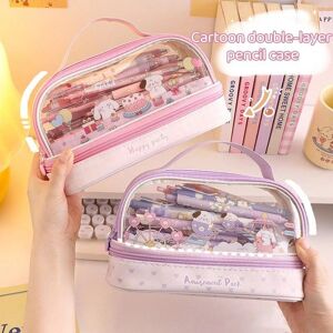 Ambiel Charm Kawaii Pencil Case Double Layer Large Capacity Pen Bag Cartoon Portable Pencil Box School Student Supplies Stationary Organizer