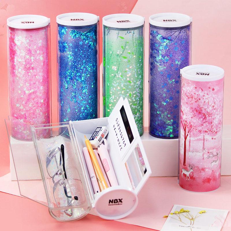 NewmeBox Quicksand Multifunction Cylindrical Pencil Box Case School Stationery Pen Holder Calculator