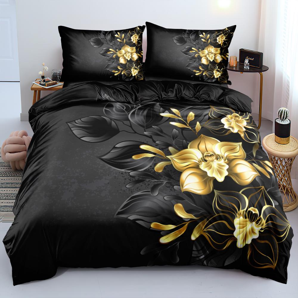 Furniture Component 3D Design Flowers Duvet Cover Sets Bed Linens Bedding Set Quilt/Comforter Covers Pillowcases 220x240 Size Black Home Texitle