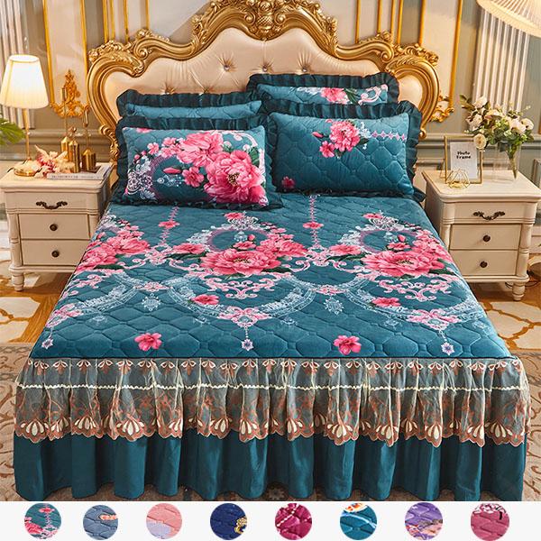 Get to bed Bedding Set Textile Princess Lace Quilted Crystal Velvet Bed Skirt Thickened Warm Milk Velvet Bed Cover Bedspread Skirt