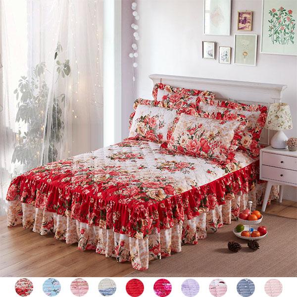 Get to bed Bedding Set Thickened Quilted Bed Cover Bed Skirt Dust Cover Lace Protection Bed Cover Printed Bed Skirt