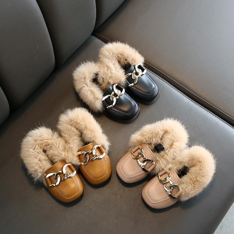 27kids Winter Girls' Furry Shoes Baby Velvet Princess Shoes Soft Bottom Children's Rabbit Fur Cotton Shoes