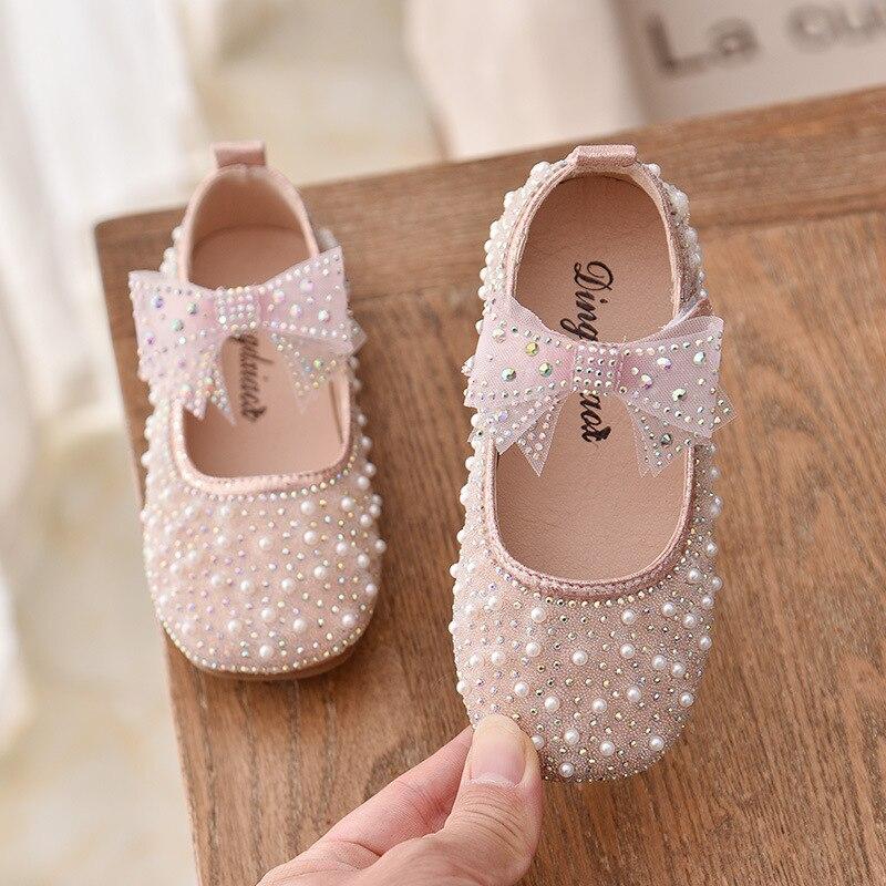 weihexin New Girls Single Princess Shoes Pearl Shallow Children's Flat Shose Kid Baby Bowknot Shoes Spring Autumn