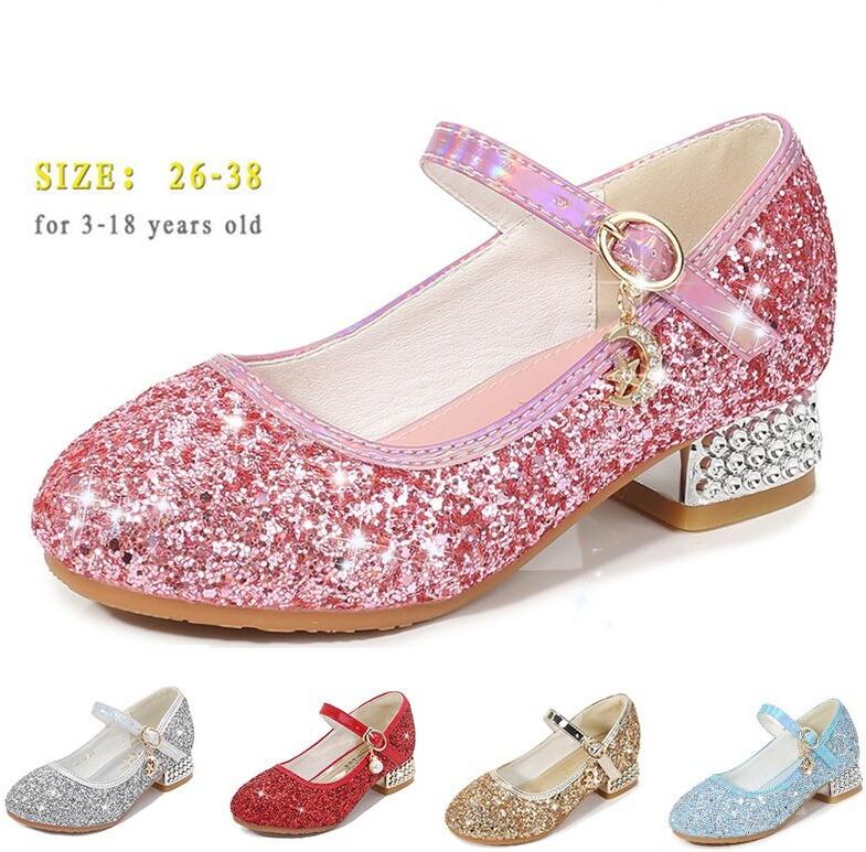 SDMO111 5 Color Kids Girls Princess Sandals Princess Dresses for Girls Chunky Heeled Sequined Vamp Four Season Children's Dance Shoes