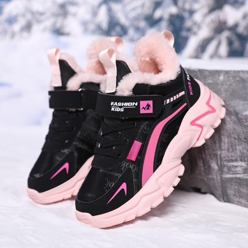 YIKX Fashion Winter Plush Warm Kids Csual Shoes Waterproof Leather Children's Sneakers Sport Runnign Pink Girls Shoes Sneakers