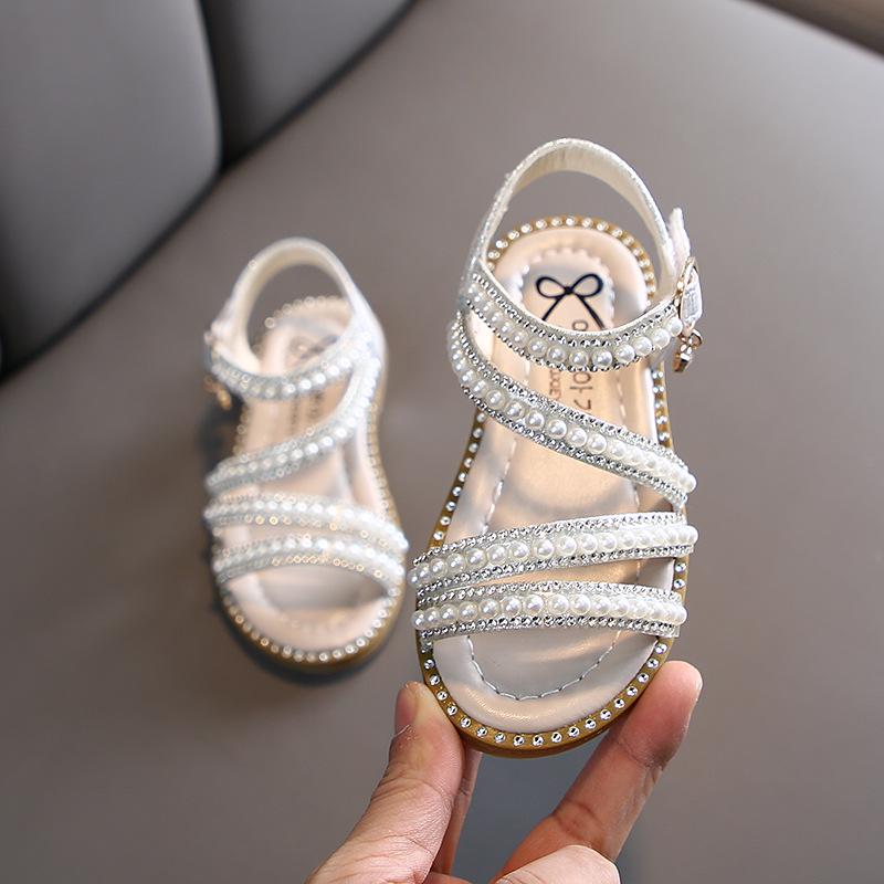 QM Dream Girls' Sandals Children's Pearl Open Toe Princess Shoes Girls Performance Shoes