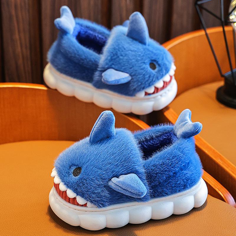 91530326MAC32EC66D Children's Slippers Woolen Shoes for Boys Girls Sandals Winter Indoor Shark Slippers Kids Home Shoes Cartoon Fluffy