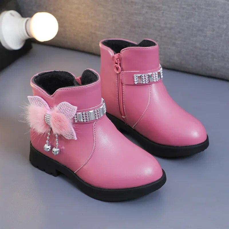 Super maller Children's Shoes Girl Mid Length Warm Leather Boots Baby Bow Cute Cotton Shoes Plush Winter New Student Two Cotton Boots Botines