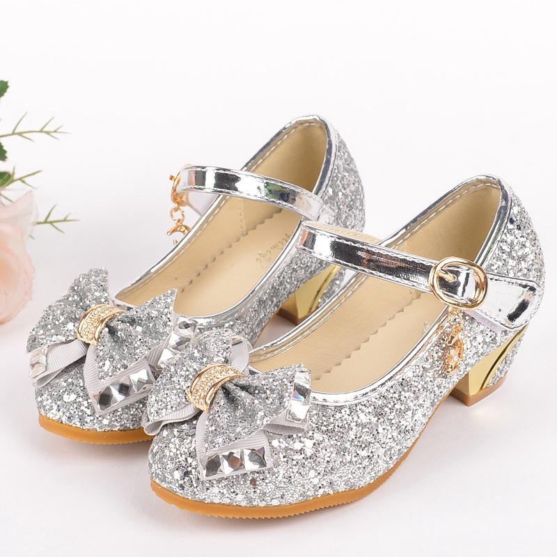 Clothing with accessories New Girls' Small High-heeled Leather Shoes with Sequined Upper Bow Decoration Children's Dance Princess Shoes