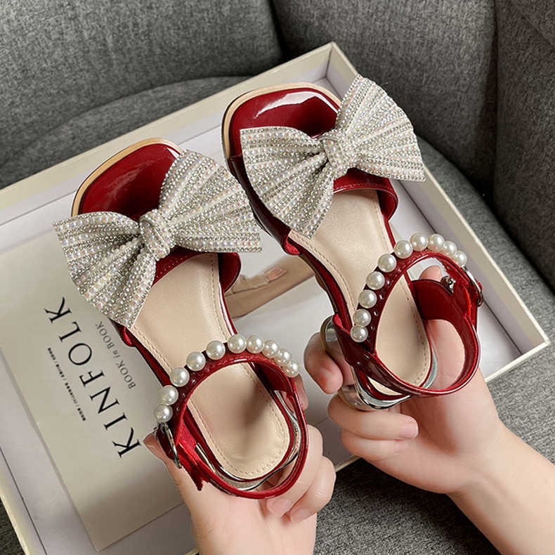 weihexin Sandal Shoes for Kids Summer Middle-aged Children's Soft Bottom Bow Open Toe Square Head Red Princess Shoe