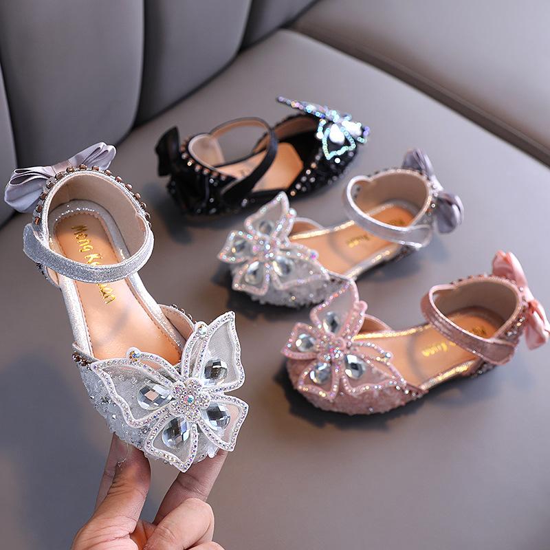 007school Girls Leather Shoes Fashion Bright Rhinestone Bow Princess Shoes Children Girls Infant Sandals