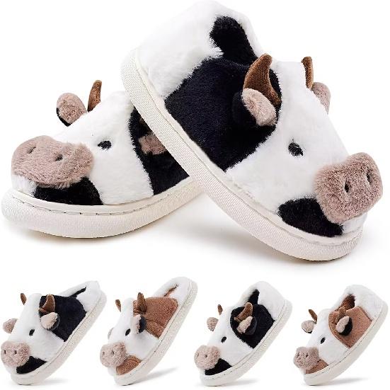 91530326MAC32EC66D Autumn and Winter New Children's Cow Cotton Shoes Brown Men's and Women's Plush Home Cartoon Cute Children Cotton Slippers Black and White Brown