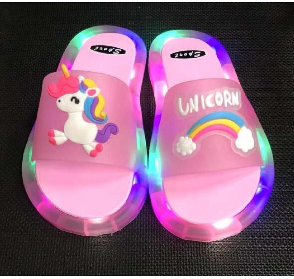 91530326MAC32EC66D Children‘s Boys Girls Slippers Cartoon Unicorn Animals Prints Shoes Lighted Fashion Cute Shoes Bathroom Kids Toddler