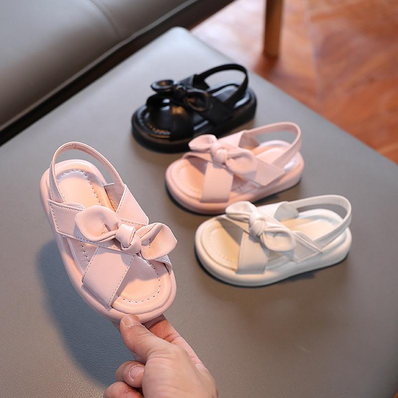 BOOSKU Baby Girls Summer Sandals Solid Color Beach Sandals Children's Princess Shoes Toddler Girls Bow Soft Flat Heels Sandals