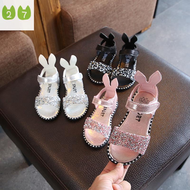 27kids 1-12 Years Old Children's Sandals Rabbit Ears Girls Rhinestone Shoes Roman Shoes Cute Princess Shoes