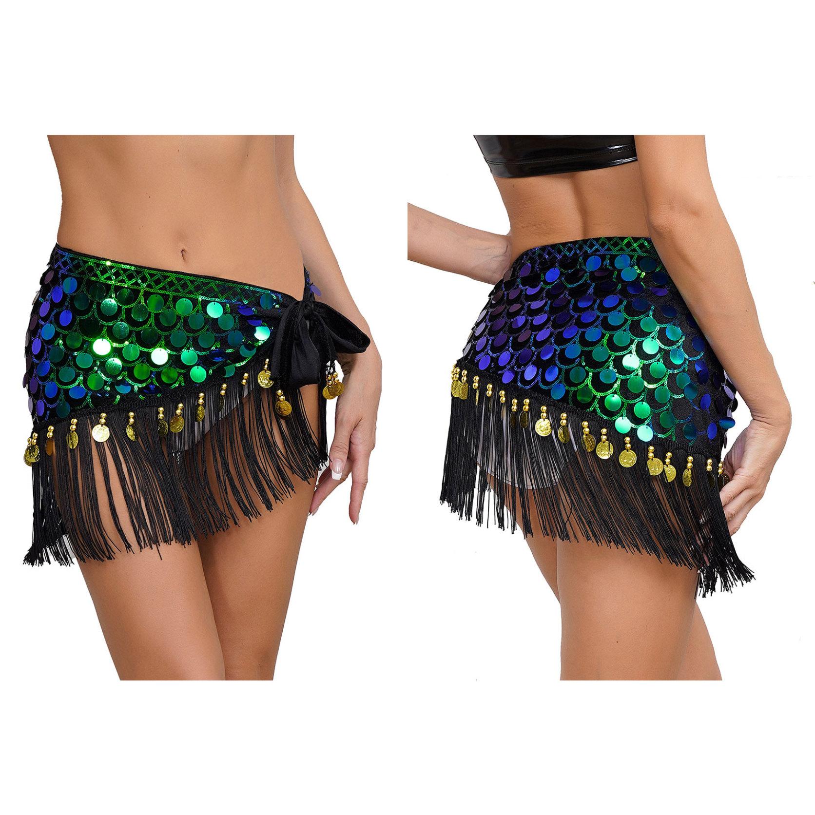 Yunduantong-electronic Women Belly Dance Lace-up Hip Skirt Fishscale Sequin Beads Fringe Hem Hip Scarf Wrap Festival Dance Stage Performance Costumes