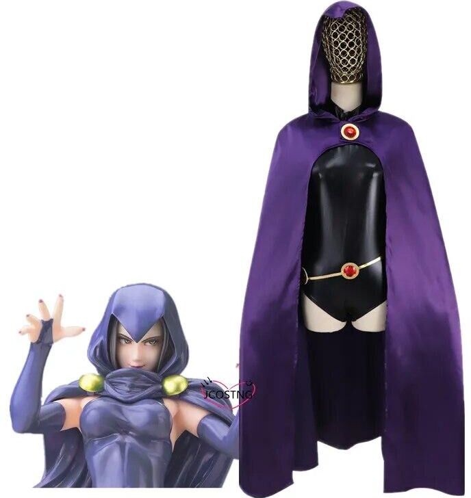 COSPALY CLOTHING Exclusive New Teen Titans Super Hero Raven Cosplay Costume Women Black Bodysuit Purple Hooded Cloak Jumpsuits Halloween Party Costume