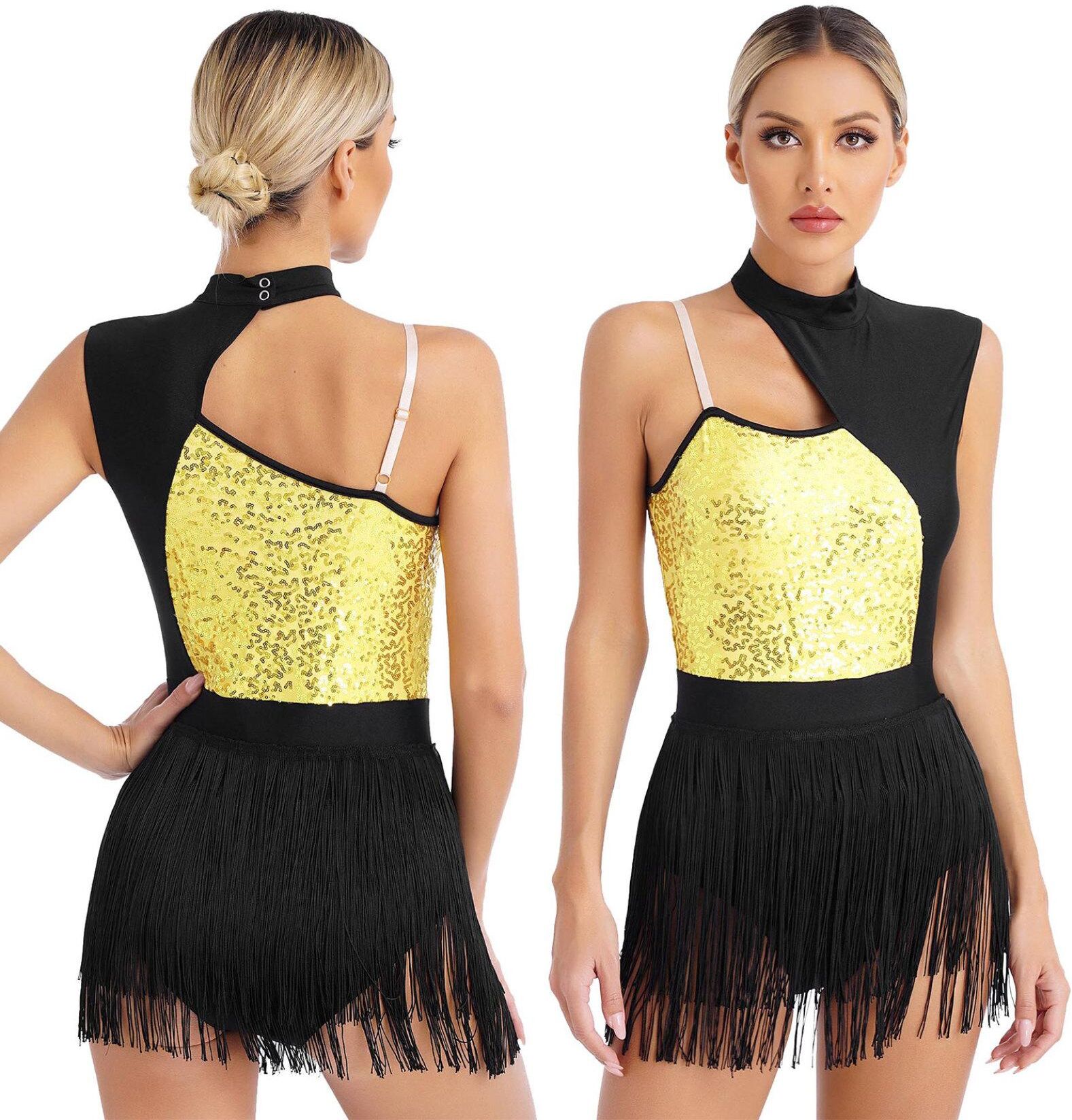 Yunduantong-electronic Latin Dance Dress Leotard Tango Rumba Samba Cha-Cha Figure Skating Performance Costume Sleeveless Sequins Tassel Bodysuit