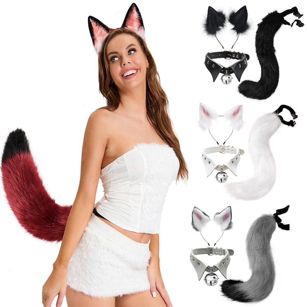 Jqzkdh743 Fursuit Costume Masquerade Party Tail Set Fake Fox Wolf Tail Animal Ears Headband Ears Hair Hoop