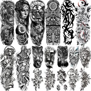 YURAN Full Arm Temporary Tattoos Sleeve For Men Women Realistic Fake Tatoos Warrior Lion Tiger Flower Tatoo Sticker Black Totem Maori