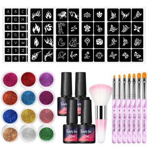 Avadar Tattoo Mixed Brush Set and 4pc Tattoo Transter Glue and Hollow Out Tattoo Template for Tattoo Body Art and Tattoo Decoration Powder Tattoo Painting DIY Set