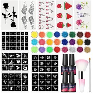 Avadar Tattoo 4pc Tattoo Transter Glue and Tattoo Sticker for Tattoo Body Art DIY Design and Tattoo Decoration Powder Glitter with Hollow Out Tattoo Template Set