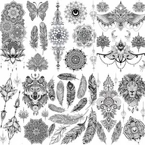 YURAN 6 Pieces Unique Black Henna Temporary Tattoo Sticker For Adults Women Arm Chest Tattoos Fake Feather Mandala Flower Sexy Tatoos For Party