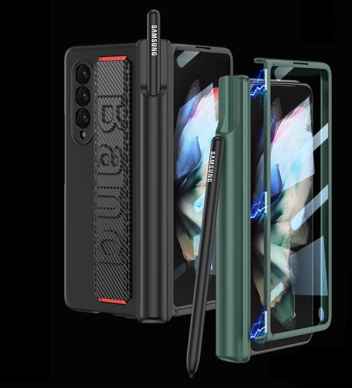 POMOIII-Digital 3C Magnetic Hinge Protective Case For Samsung Galaxy Z Fold 3 5g Fold3 Case With Wrist Band Glass Film Pen Holder Zfold3 Hard Shell