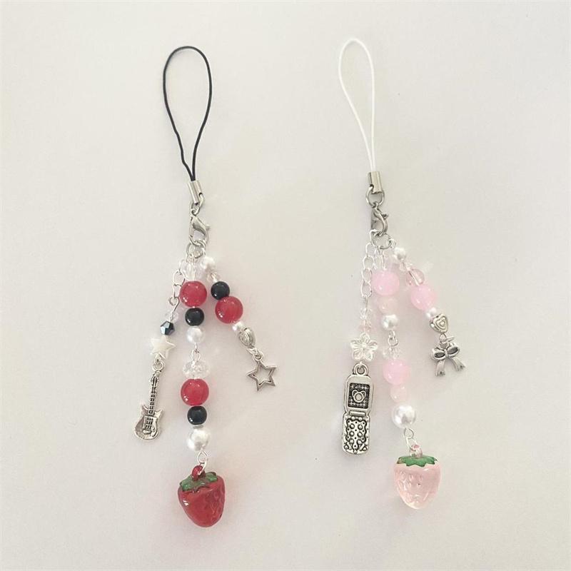 Mordor Pink & Red Strawberry Nana Inspired Phone Charms Guitar star Cell Phone & bow Handmade Kawaii Coquette Grunge Anime Y2K Keychain