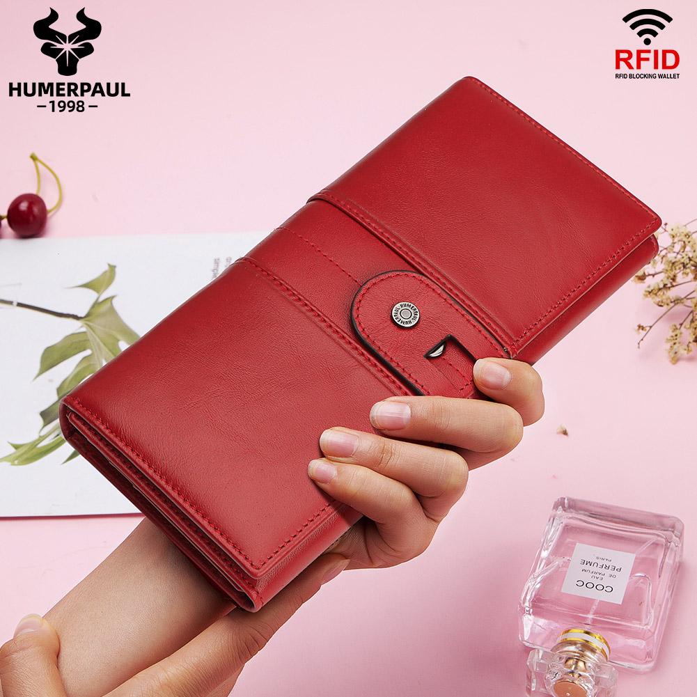Humerpaul Brand Genuine Leather WomenWallet RFID Multifunction Mobile Phone Clutch Bag Ladies Purse Large Capacity Travel Card Holder Passport Cover