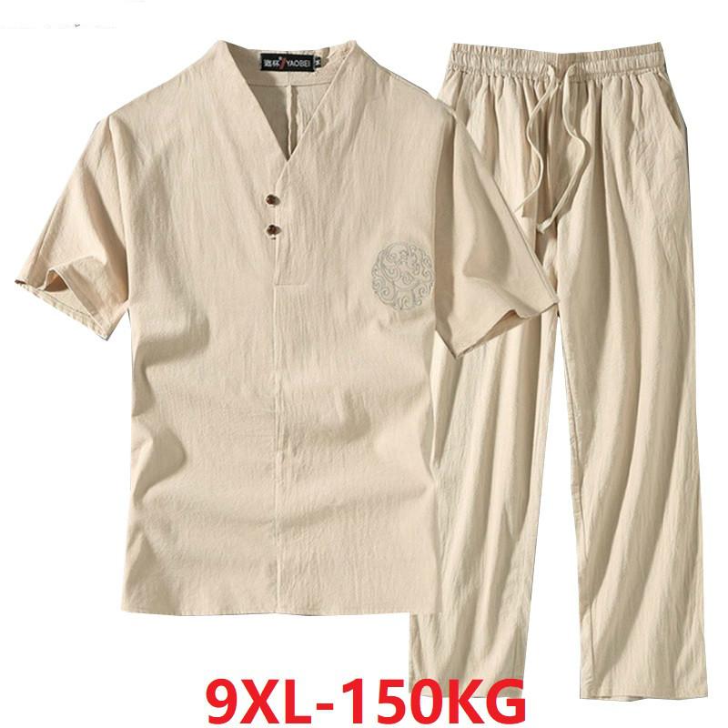 QGOOD Men's Clothing Large Size Tracksuit Husband Summer Suit Linen T-shirt Fashion Male Set Chinese Style Plus Two Piece