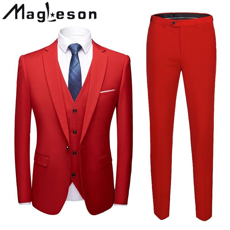 MAGLESON Men's Clothing Solid Color Suit Suit Men's Business Casual Wedding Groom Plus Size Three-piece Suit Suits & Blazers