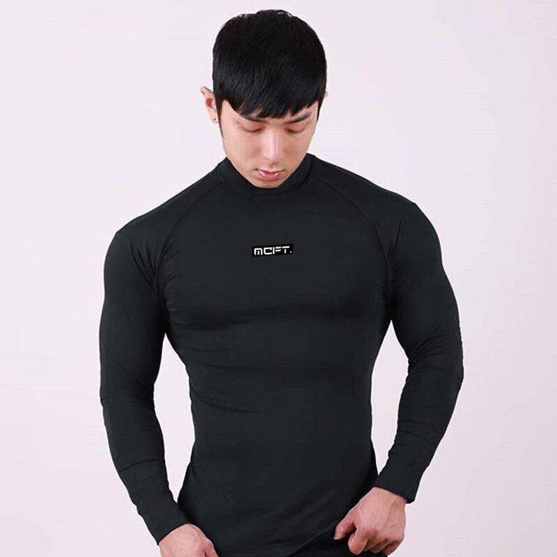 Muscleguys Fashion Brand Autumn Sports Clothes Fitness Men’s Thin High-neck Tees Polyester Long Sleeves