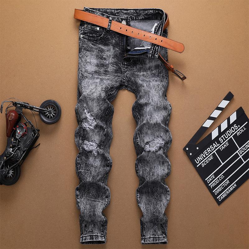 mimanhome Smoke Grey Personalized Perforated Features Versatile Jeans Men's Leggings Mid Rise Jeans